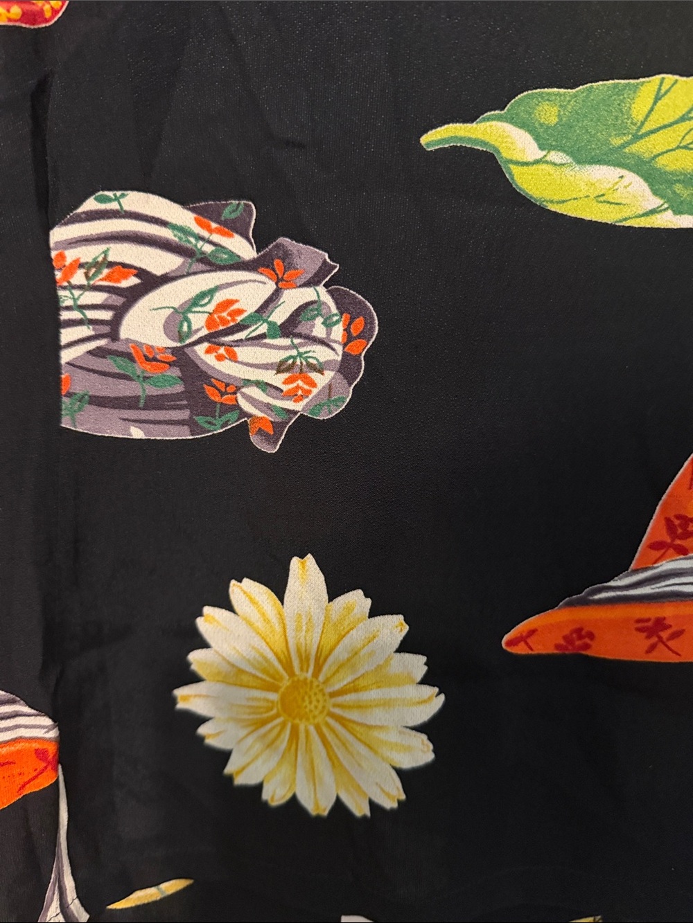 Black Short-Sleeve Button-Down Shirt with Yellow Floral & Multicolor Hat Print - Picture 6 of 8